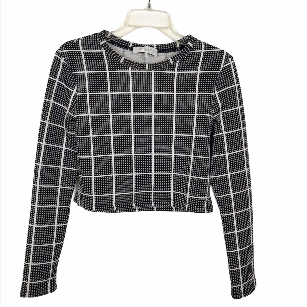 WAYF Cropped Long Sleeve Plaid Top Black White L